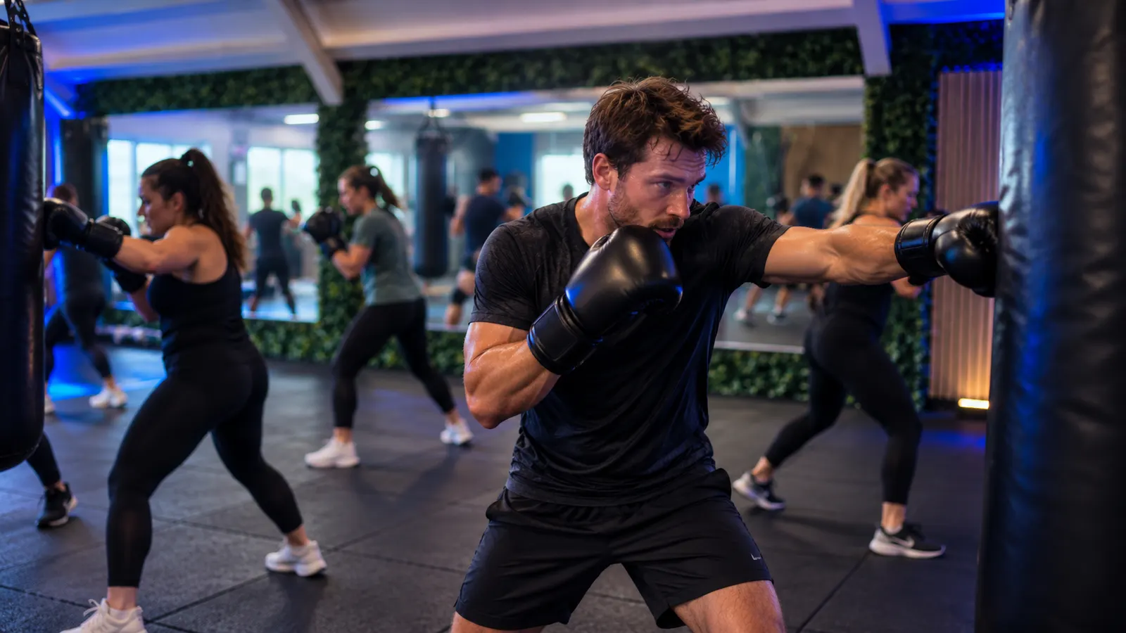 Sporters stoten op bokszakken tijdens (Kick)BoksFit bij UltraGym Hardenberg